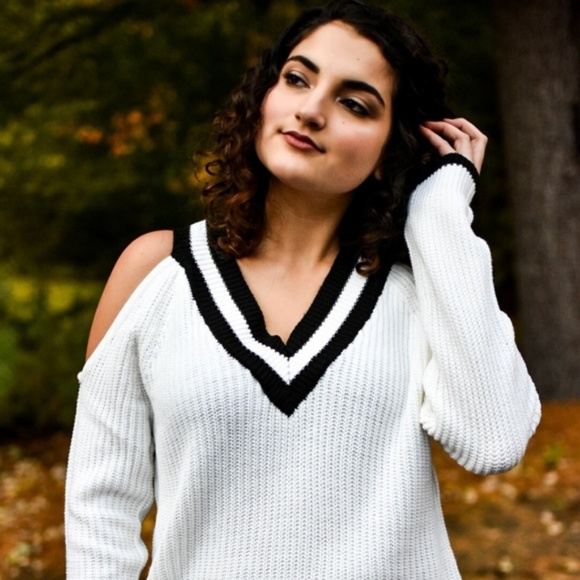 Varsity Vibes Striped V Neck Sweater (Off White) - Picture 3 of 8